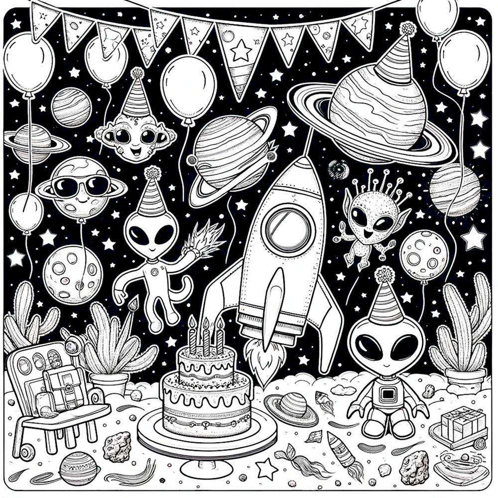 Картинка раскраска с днем рождения НЛО, Пришельцы, Космос