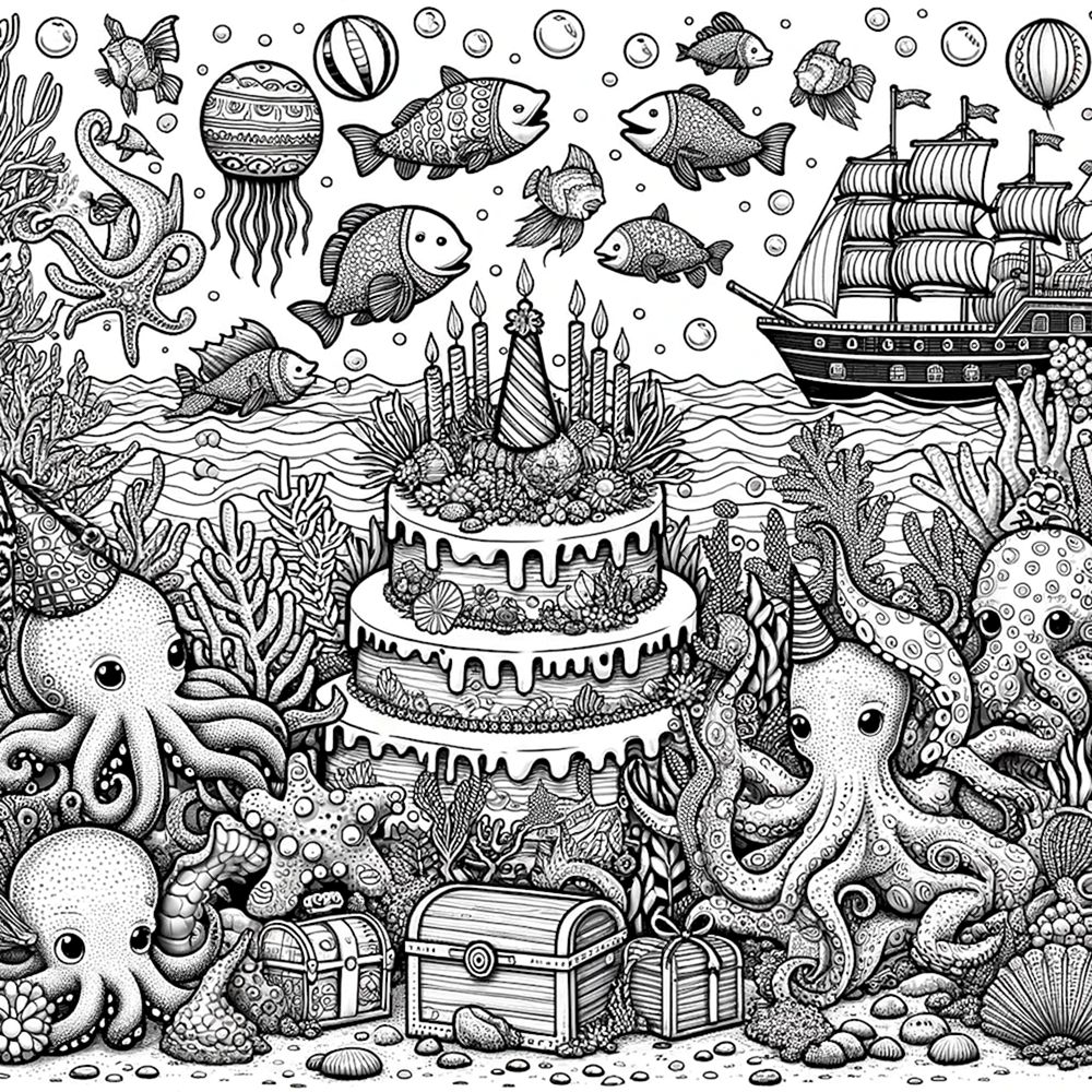 Раскраска День рождения подводный мир
