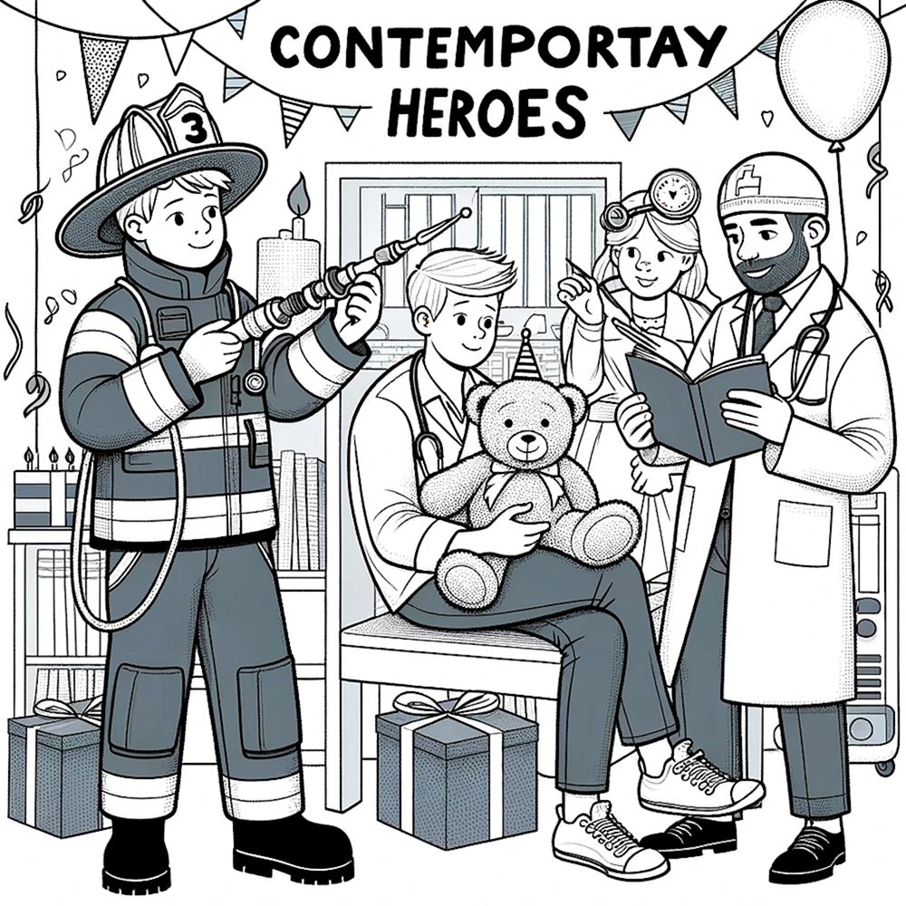 Раскраска День рождения пожарный и врачи