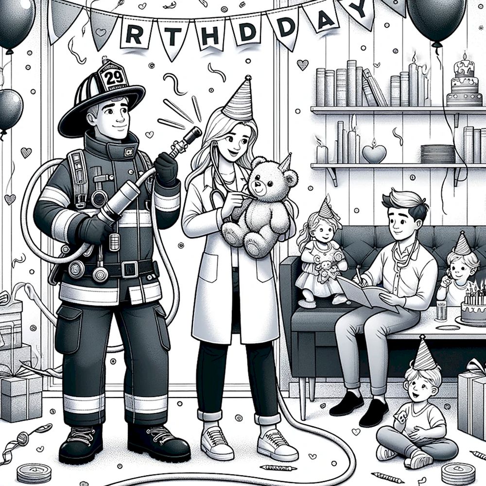Раскраска День рождения врачи и пожарный