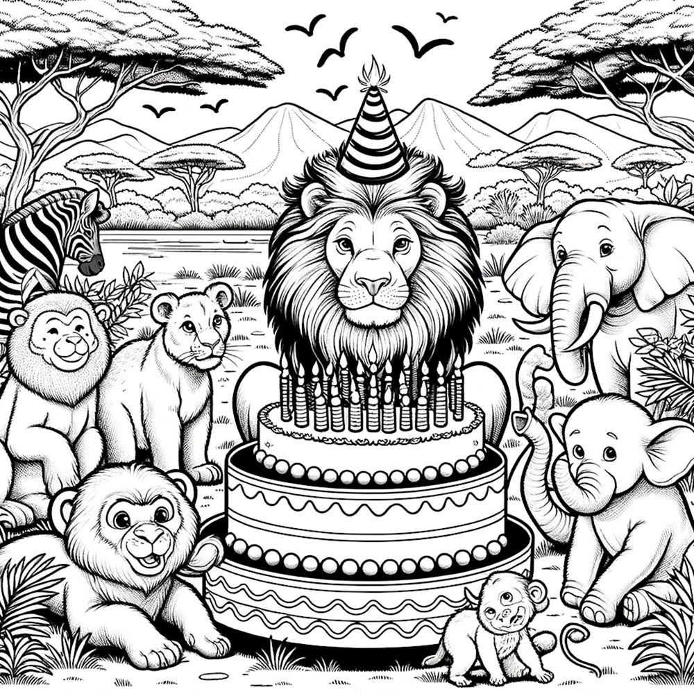 Раскраска открытка День рождения Король Лев