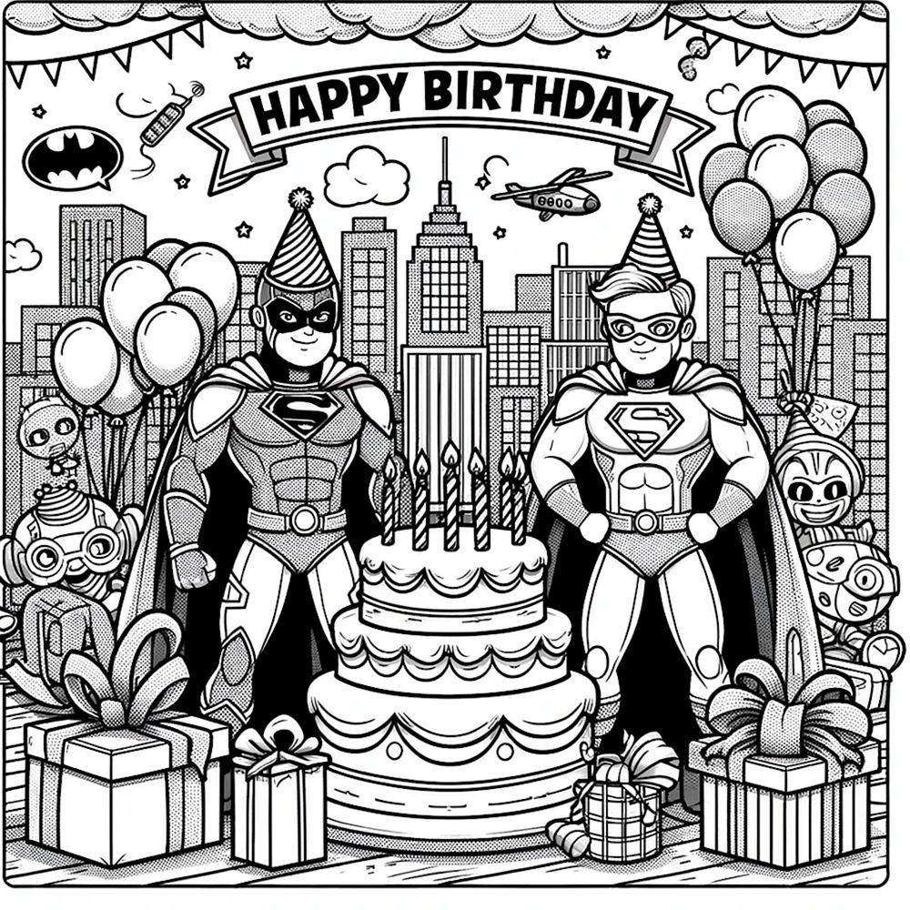 Раскраска открытка День рождения Супергерои